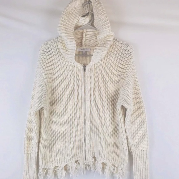Purple Snow (Anthropologie) M Cream Zippered Front Sweater With Hoodie Fringe - Picture 1 of 5